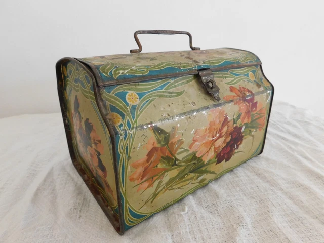 Coffret Coffre Tole Litho  Boite A Gateau Ep Art Nouveau  1900 Fresque Fleurs