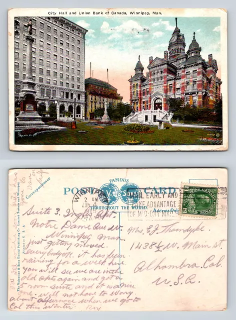 City Hall and Union Bank of Canada Winnipeg Manitoba Canada Postcard 1925