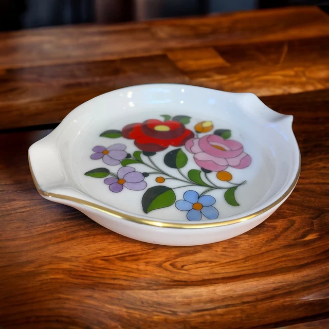 Vintage MCM Kalocsa Hungary Hand Painted Floral Porcelain Ashtray Trinket Dish