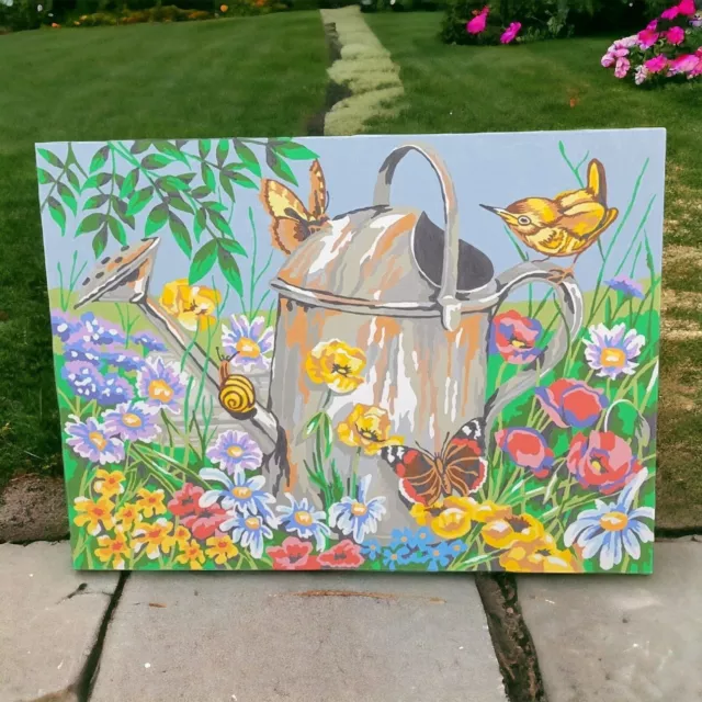 VTG PBN Paint By Number Painting 12x16 Flowers Watering Can Birds Butterflies