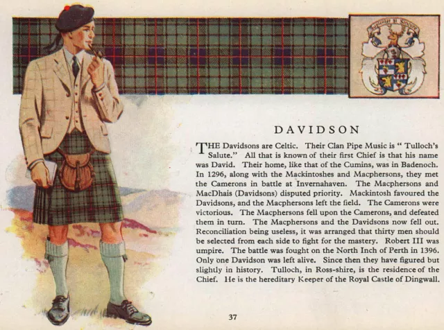 Davidson. Scotland Scottish clans tartans arms 1957 old vintage print picture
