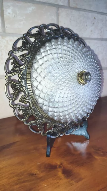 Joli Plafonnier Style Ancien , Motif Rosace En Métal Laitonné Et Verre -  30 Cm