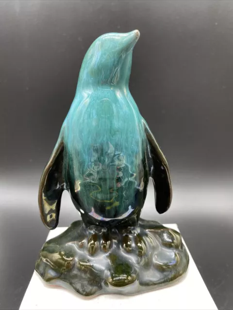 Vintage Blue Mountain Pottery Penguin Figurine Teal Drip Glaze Ceramic Art