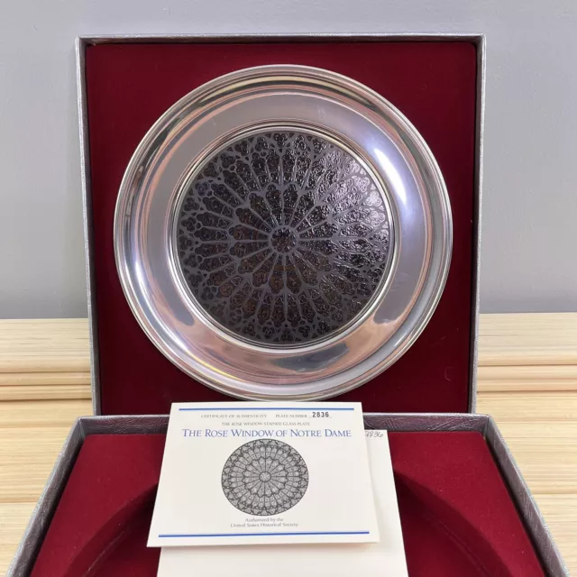 Vtg 1991 US Historical Notre Dame Cathedral Rose Window Glass Pewter Plate #2836