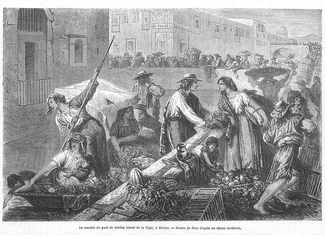 MEXIQUE MEXICO / MARCHé DU PONT DE ROLDAU / VIGA / DESSIN DE RIOU / GRAVURE 1862