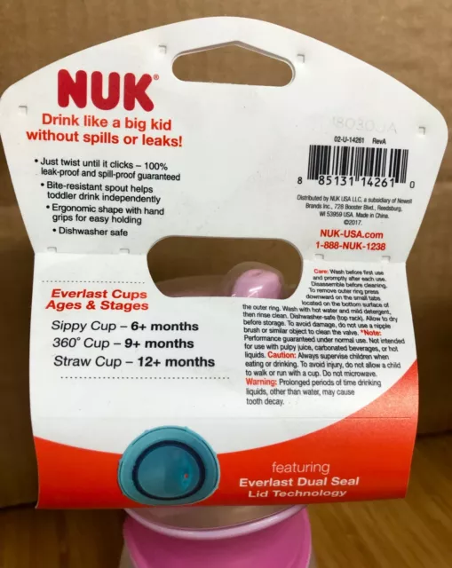 New Nuk Everlast Sippy Cup 6+M BPA Free 1 Cup 10oz Leak Proof Spill Proof Pink 3