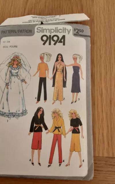 Simplicity Vintage Barbie  Sindy  Doll Clothes Sewing Pattern 9194 32cm see info