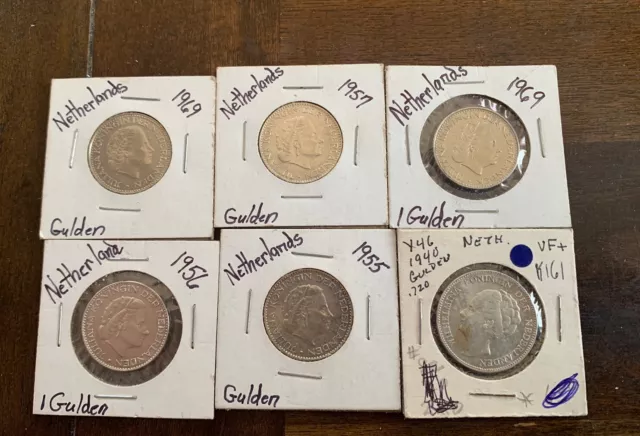 Netherlands Gulden Coins 1940, 1955, 1956,1957,1969