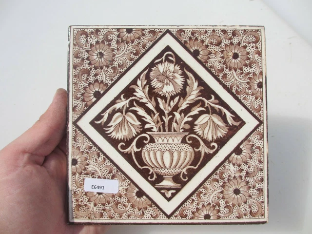 Victorian Ceramic Tile Antique Old Art Nouveau Vintage Floral Urn Flowers