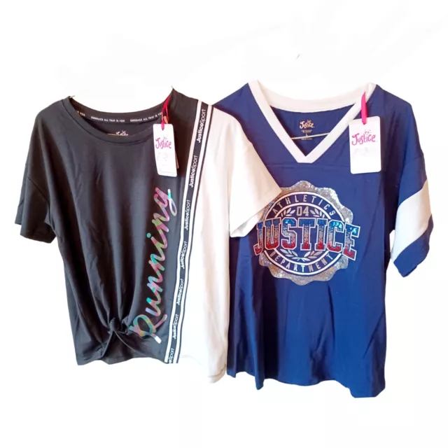 Lot of 2 Justice T-Shirt Tops-12/14-Knotted Front-Navy Blue-Black-White