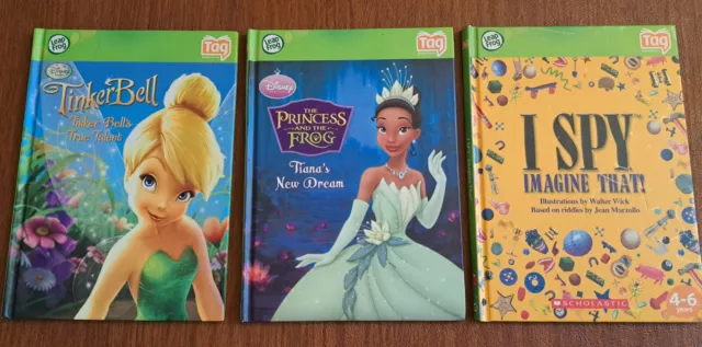 Lot of 3 Leap Frog Tag Books- Tinker Bell, Princess And The Frog Tiana, I Spy