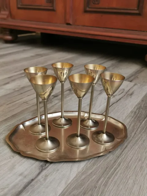 6 vasos de licor de tallo largo cuencos de licor de metal Art Deco interior bandeja dorada