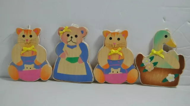 Vintage Lot of 4 Wooden Easter Ornaments Cat with Easter Basket Mama Bear & Duck