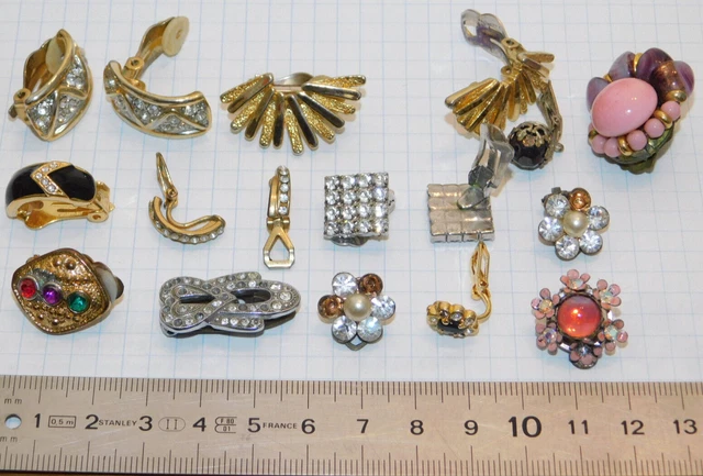 Boucles D'oreille Vintage à Clips - Métal Doré Avec Strass Irisés Imitation Nacre - Années 70-80