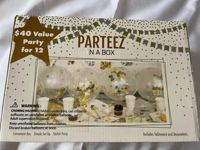 Nuevos globos, tazas, servilletas, platos, velas, decoraciones de fiesta en caja Parteez