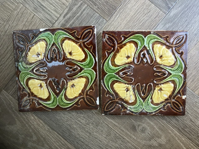 VINTAGE ART NOUVEAU MAJOLICA CERAMIC FIREPLACE TILE 1898 House . Reclaim 6 Inch.