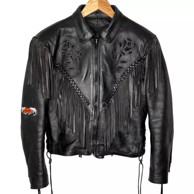 VINTAGE WOMANS 80S M Heavy Leather ROSE Fringe Motorcycle Jacket Harley ...