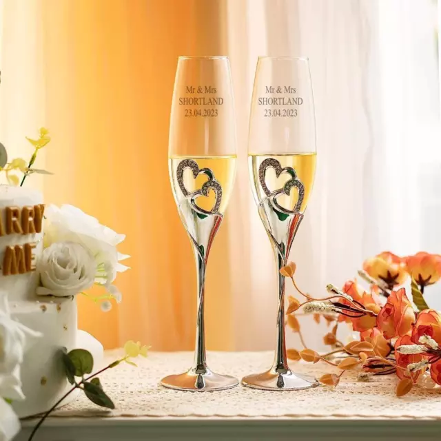 Personalised Double Heart Set Of Two Champagne Flute with Sparkling Crystals