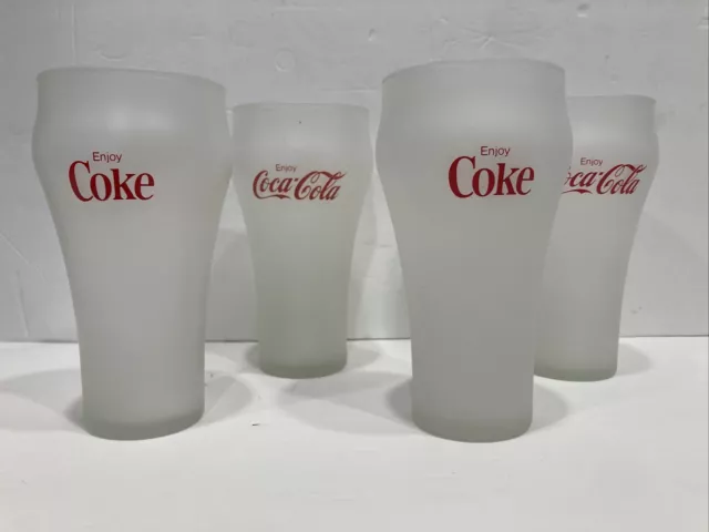 Set (4) Vintage Coke Bell Glasses Enjoy Coca Cola Red Letter Frosted Glass RARE