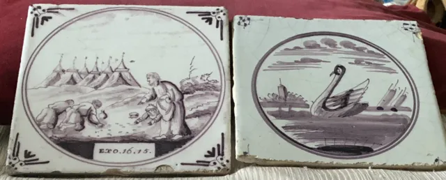 18th/19th Century Two Manganese Delft Tiles Moses Exodus Biblical and Large Swan