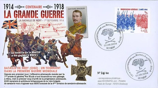 CENT14-15 FDC FRANCE 100 ans Grande Guerre - BATAILLE DE NÉRY 1914 Capt BRADBURY