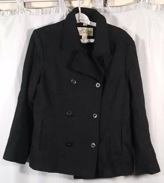 Jones New York Coat Womens Large Black Wool Double Breasted Pea Lined