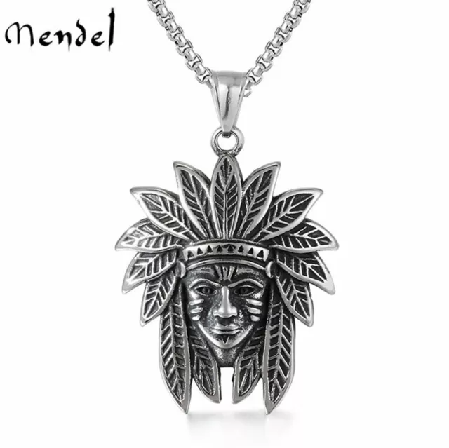 MENDEL Mens Stainless Steel Native American Indian Biker Chief Pendant Necklace