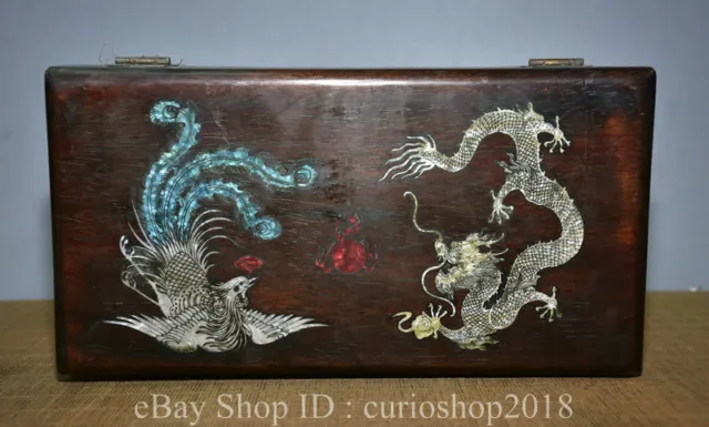 7.2 " China Wood inlay Shell Dynasty Dragon Phoenix Bird Pattern Storage Box