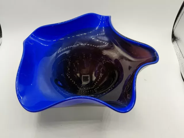 Hand blown Blue and Black Studio Art Glass Bowl Ruffled Edge Signed CMD 2000