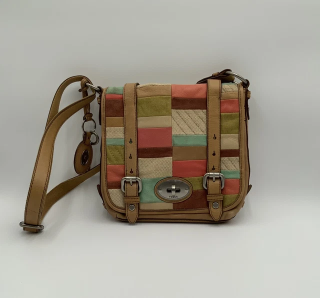 Fossil Maddox Organizer Flap Patchwork Crossbody Bag Leather Messenger