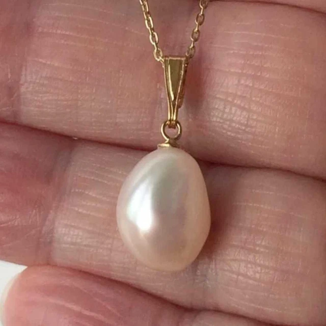 13-15 mm Bright light White Baroque pearl pendant 18K Gift New Unisex Gold