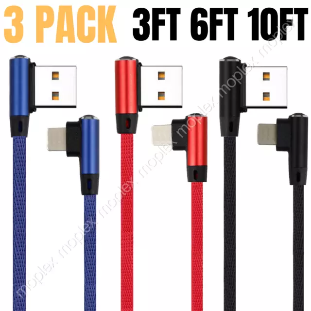 3Pack 3/6/10Ft 90 Degree Right Angle USB Cable For iPhone 14 12 Charger Cord Lot