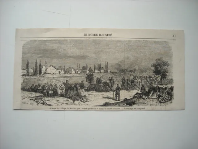 Gravure 1866. Guerre Austro-Prussienne. Attaque Du Village De Zwitau Armee Pru