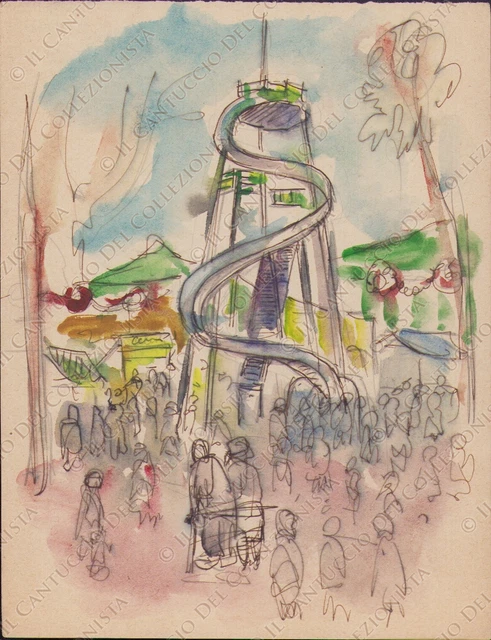 Disegno Parco Divertimenti giostra scivolo bancarelle Acquerello