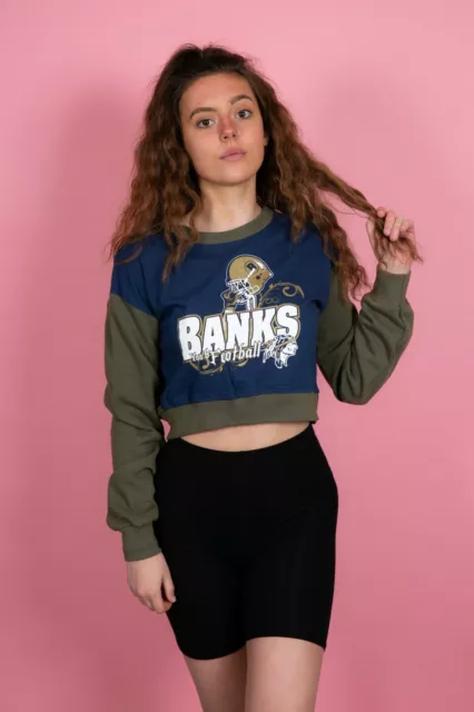 Felpa vintage blu navy e verde Banks calcio giovanile grafica incantevole tagliata