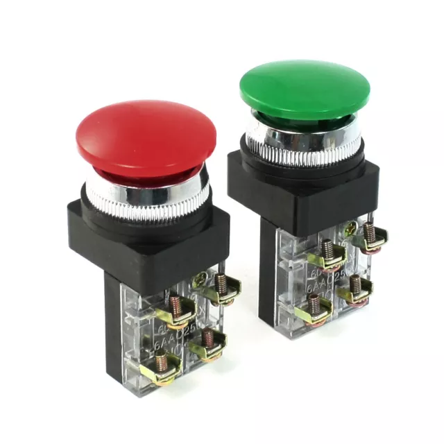 Red Green AC 250V 6A DPST Momentary Green Mushroom Head Push Button Switch