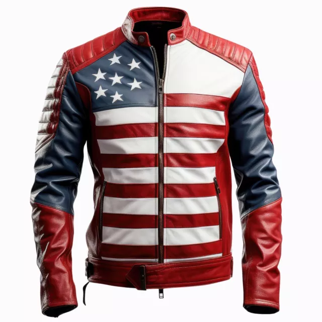 Mens Inspired by American Flag Casual Motorcycle Zipper Coat USA Flag Jacket