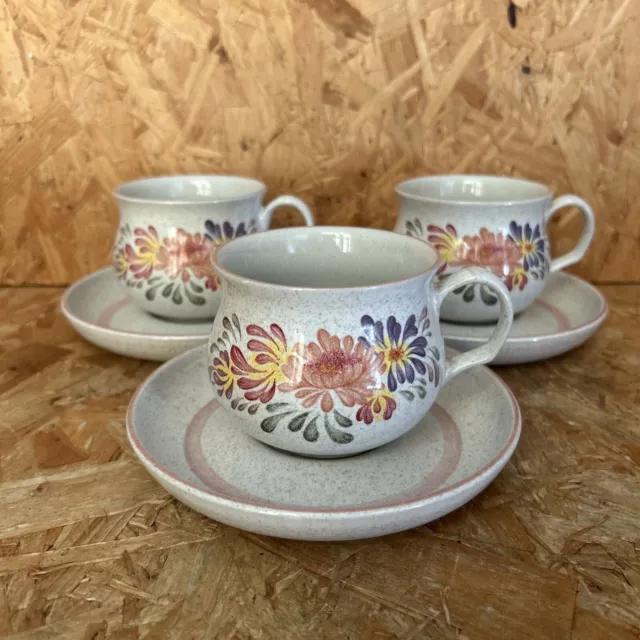 3 x Vintage Denby Stoneware Summer Fields Tea Cups & Saucers