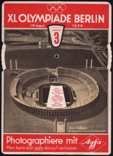 1936 XI. OLYMPISCHE SPIELE, BERLIN, mechanische Drehscheiben-Karte, Werbung Agfa