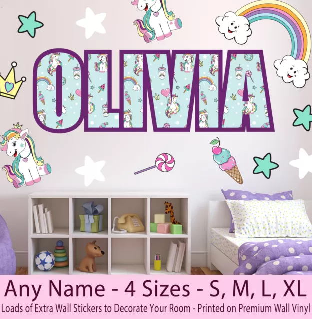 Childrens Kids Name Wall Stickers Art Decal Personalised Unicorn Girls Bedroom