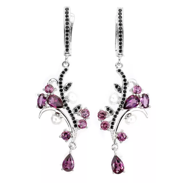 Non Chauffé Poire Grenade Rhodolite Noir Spinelle Perle 925 Argent Oreilles