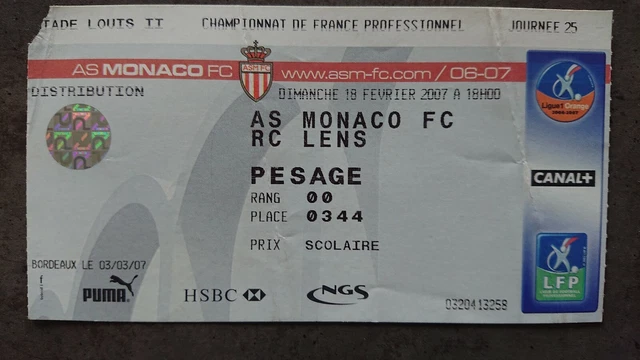 Ticket Collector AS Monaco / RC Lens - Saison 2007-2008 - Rare