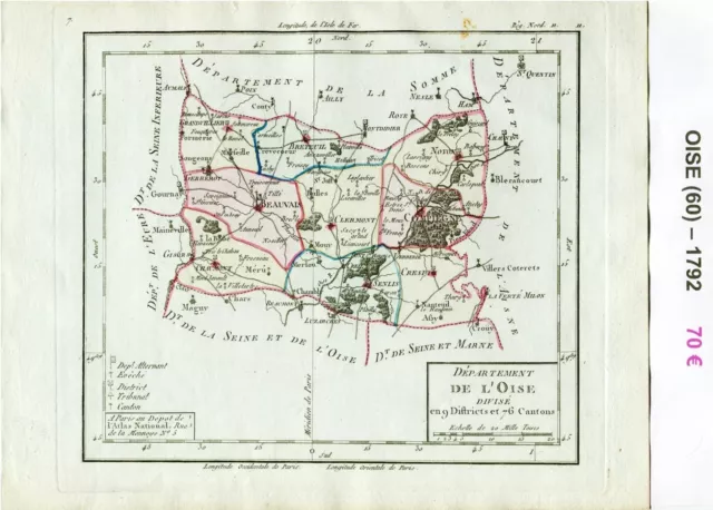 Dépt 60 - XVIII ème Carte de l'Oise Superbe Gravure Cuivre Aquarellée de 1792