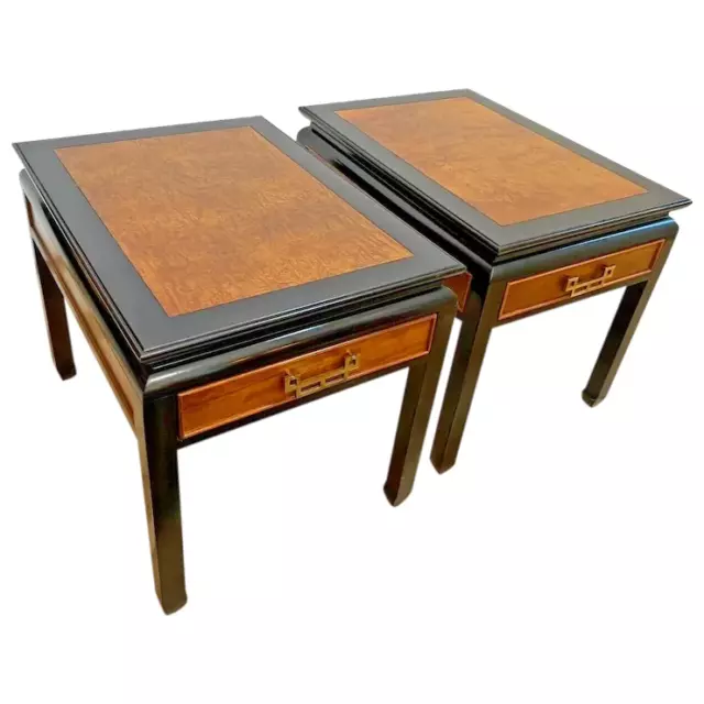 Vintage Pair of Century Side Tables Nightstands single drawer Burl Walnut top