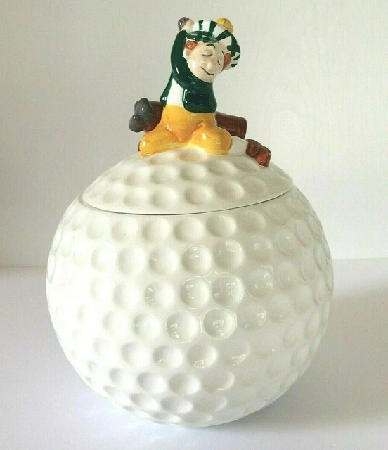 GOLF BALL COOKIE Jar Container Player On Lid White Ceramic Collectible