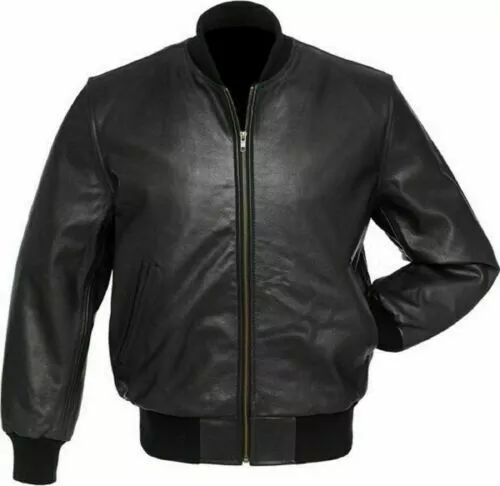 New Men's Real Leather Bomber Jacket Pure Lambskin Classic Black Varsity Style