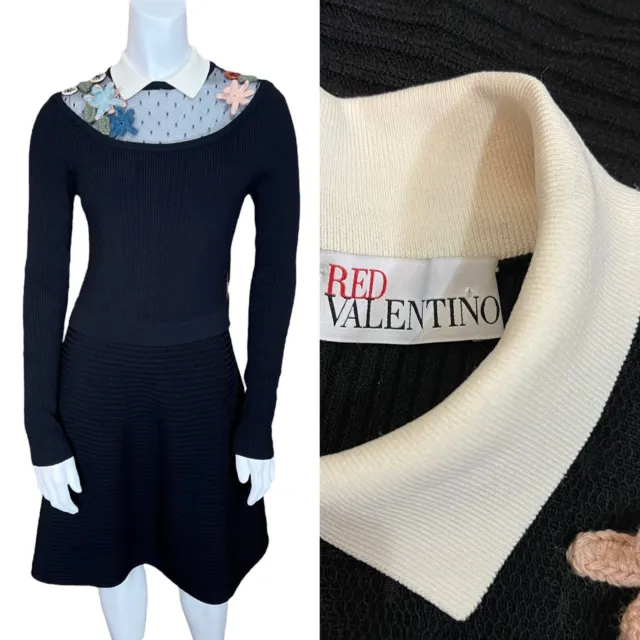 $950 RED VALENTINO Collared Knit Dress w Embroidery Mesh Wednesday Black Sweater
