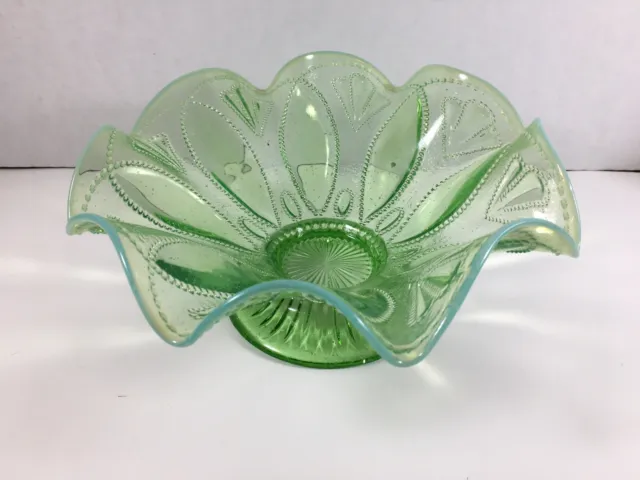 Northwood Green Opalescent Glass Roulette Footed 8" Bowl Beaded Oval
