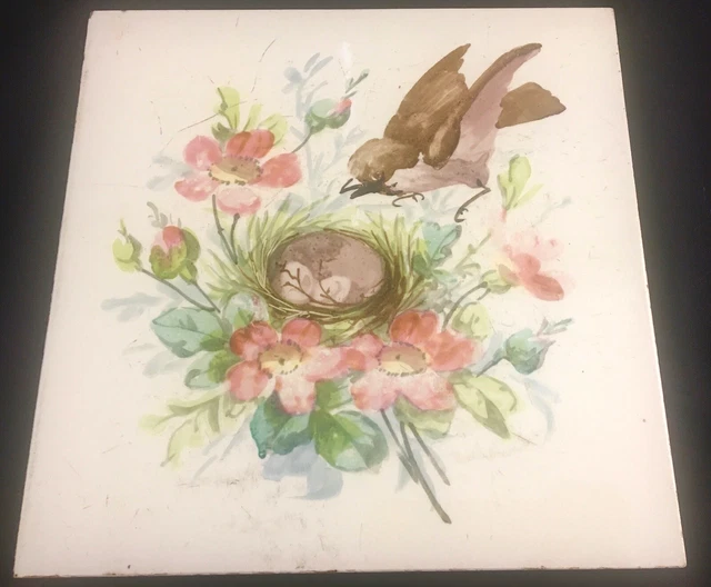 ° Rare 1900 Longwy Lovely  Birds in Nest with eggs Art Nouveau Tile handpainted