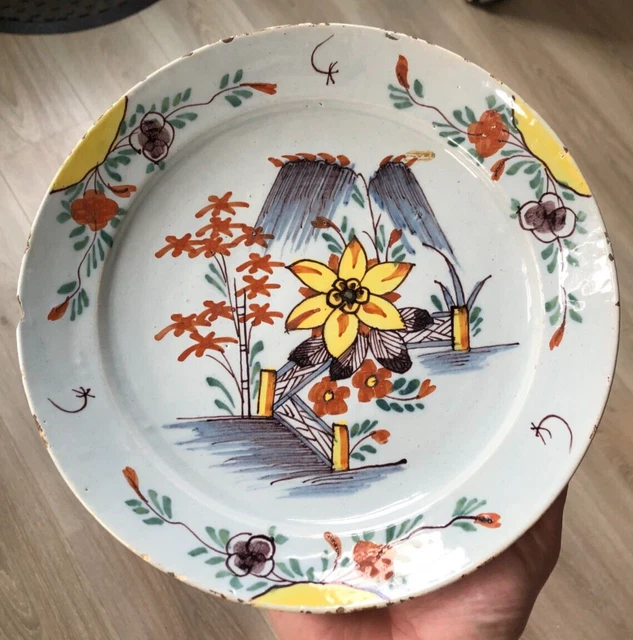 Assiette Faïence Ancienne Delft XVIII-XIXe Siècle - Motif Hache Chinois, Vintage, état à Voir Photos
